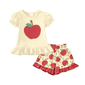 Летний бутик одежды для маленьких девочек с принтом Apple, Шорты с коротким рукавом, детская красная одежда с принтом  4