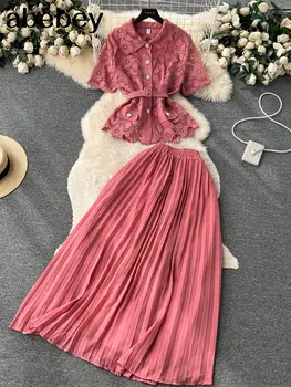 Летний женский кружевной комплект из двух предметов в стиле пэчворк 2023, Элегантные розовые топы с коротким рукавом + плиссированная юбка Миди с высокой талией, женский Новый костюм  5