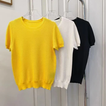 Летняя женская футболка из пшеничного колоса 2023 года, круглый вырез, Хлопковая повседневная футболка из сотового трикотажа с короткими рукавами.  5