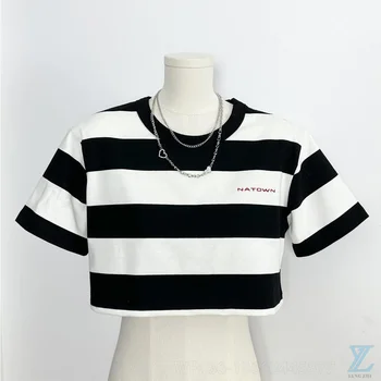 Летняя одежда 2024 года В черно-белую контрастную полоску, Открытая талия, Короткий рукав, футболка с надписью Flocking  5