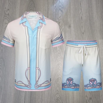 Летняя пляжная рубашка с принтом замка Касабланка с коротким рукавом, мужские и женские пляжные повседневные свободные шорты  5
