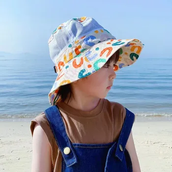 Летняя сетчатая детская панама с корейским принтом для маленьких мальчиков и девочек, милые дышащие Регулируемые детские солнцезащитные шляпы Рыбака 모자  4