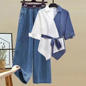 Лето 2023, Новая сшитая шифоновая рубашка, женский комплект, Элегантные Женские джинсы, повседневная блузка, комплект из двух предметов, женские спортивные костюмы  5