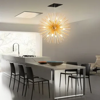 Люстра YEBMLP Golden Dandelion в современном креативном помещении для гостиной, спальни, столовой, подвесной светильник для выставочного зала отеля  4