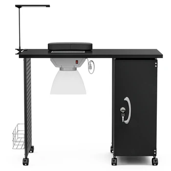 Маникюрный столик, стол для нейл-арта, съемные ящики, запирающиеся колесики, вентилятор для сбора пыли, светодиодные фонари, подставка для запястий, черный  10