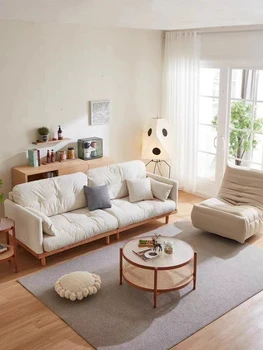 Мебель Anx Японский диван из массива дерева для гостиной Маленький Домик Трехместный Кремовые Скандинавские ткани  5