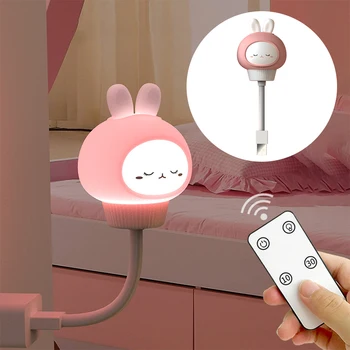 Милая мультяшная лампа с медведем и кроликом, светодиодные лампы постоянного тока 5 В USB, детские ночники, мягкий пульт дистанционного управления для детской спальни, декор прикроватной тумбочки  4