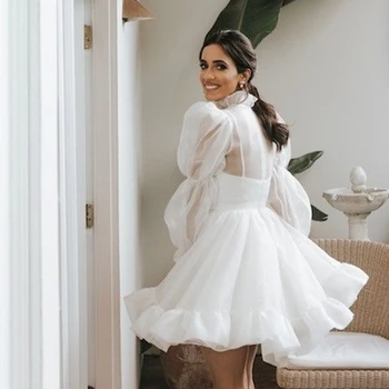 Милое мини-свадебное платье с высоким воротом и пышными рукавами, иллюзия сексуального платья Невесты, платье для свадебной вечеринки  5