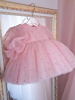 Милые розовые платья для девочек в цветочек длиной до колен, тюль, жемчуг, детская свадьба, День рождения, бант, бальное платье для малышей  10