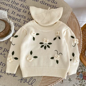 Милые свитера для маленьких девочек, Осенние Детские Пуловеры с цветочной вышивкой для маленьких девочек, Вязаные Пуловеры, детские свитера  5