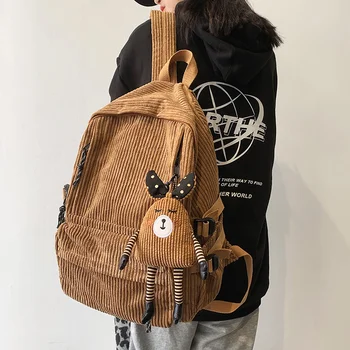 Милый вельветовый женский рюкзак Однотонный студенческий школьный ранец для девочек-подростков Дорожные сумки через плечо Школьный рюкзак  5