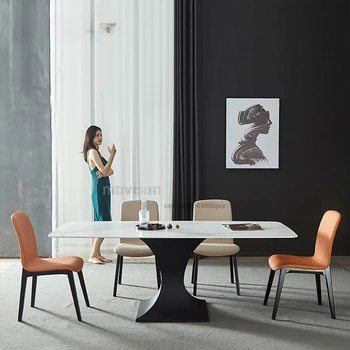 Минималистичный итальянский стиль, каменная плита, Прямоугольный обеденный стол для дома, небольшая квартира, сочетание современного импортного мрамора  5