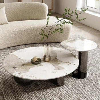 Минималистичный центральный стол в гостиной Золотисто-белый с круглой столешницей из натурального мрамора, Основание из стали, роскошный дизайнерский журнальный столик  5