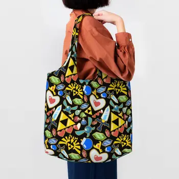Модная сумка-тоут с рисунком Zeldas, Многоразовая холщовая сумка для покупок, сумки для видеоигр, сумки для фотографий  5