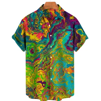 Модные мужские рубашки на пуговицах, Уличная одежда, Пляжная Гавайская рубашка, Топ с лацканами, Рубашки с короткими рукавами, Одежда  5