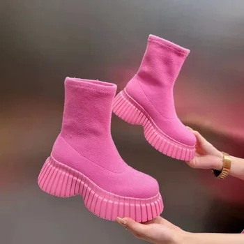 Модные розовые женские ботинки на платформе, осенне-зимняя обувь, обувь на платформе без застежки, женские ботильоны на коротком каблуке Botas Mujer  5