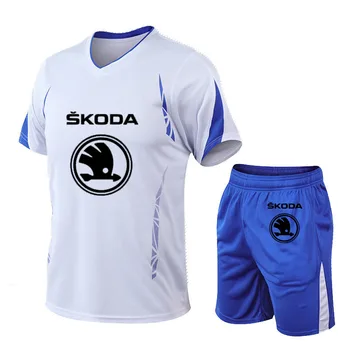 Модный повседневный комплект с логотипом Skoda, летняя дышащая повседневная футболка, высококачественная мужская футболка + шорты, модный повседневный спортивный костюм  5