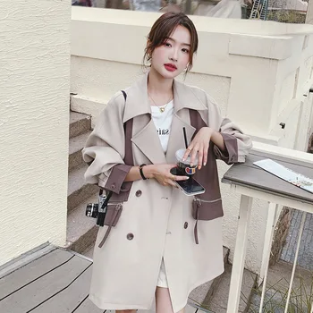 Модный свободный тренч для женщин в корейском стиле, рукава с заниженными плечами, дизайн карманов с застежкой-молнией в стиле пэчворк, Круглый сезон  5