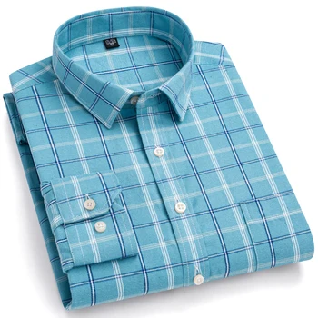 Мужская модная клетчатая фланелевая рубашка с длинным рукавом и матовым рисунком, с одним нагрудным карманом, Удобные повседневные рубашки в клетку и полоску из 100% хлопка  5