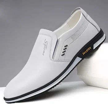 Мужская повседневная обувь Мужская модная Кожаная обувь 2023 Новые мужские удобные Дышащие туфли на плоской подошве Черные Белые туфли для вождения Мужская обувь  5