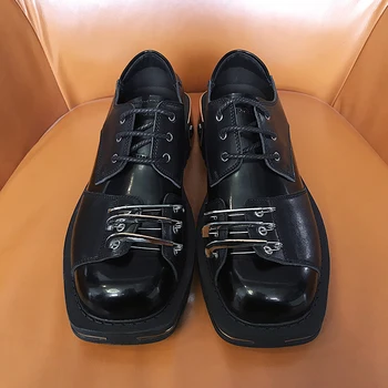 Мужская повседневная обувь из натуральной кожи, дышащие мужские мягкие туфли на плоской подошве на квадратном каблуке, Обувь знаменитостей P25D50  5