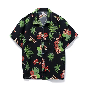 Мужская рубашка с короткими рукавами в гавайском стиле, летняя пляжная рубашка с цветочным узором, свободная повседневная праздничная рубашка в цветочек  5