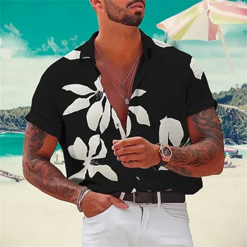 Мужская рубашка с цветочным принтом 2023, гавайские рубашки с 3D принтом, мужские повседневные уличные рубашки, мужские летние простые футболки, мужская одежда  5