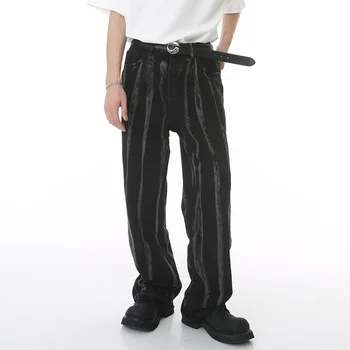 Мужские джинсы SYUHGFA со средней завышенной талией, модные джинсовые брюки в вертикальную полоску с завязками, свободные прямые брюки с широкими штанинами в корейском стиле  5