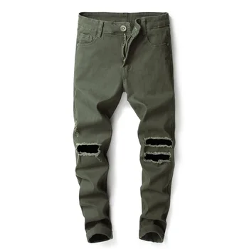 Мужские джинсы большого размера, приталенный крой, модные дырки на коленях, однотонные брюки до щиколотки, весенне-осенняя уличная одежда, мужские джинсы  5