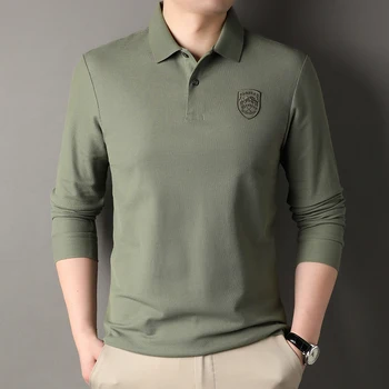 Мужские рубашки поло MLSHP Весна-осень из 100% хлопка, высококачественная вышивка, длинные рукава, Однотонные деловые повседневные мужские футболки  5