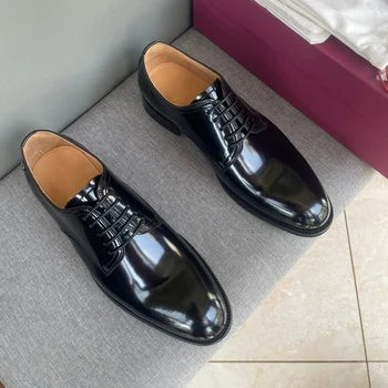 Мужские черные туфли-дерби на шнуровке из полированной кожи средней ширины EE в деловом стиле  5