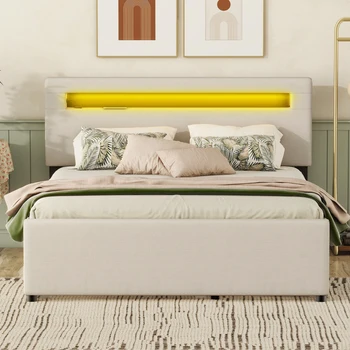 мягкие кровати-платформы для хранения со светодиодной подсветкой и USB-портами для зарядки, односпальные кровати, кровати для взрослых и подростков, двуспальные кровати  5