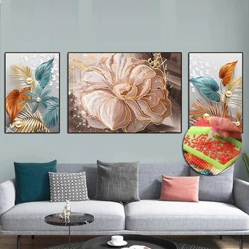 Набор из 3 предметов Цветы Алмазная мозаика Абстрактные золотые бабочки Листья Картины Сделай сам Полная вышивка стразами Распродажа комплектов триптихов  5