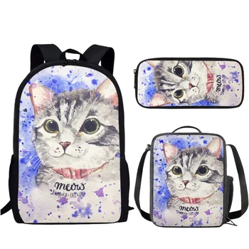 Набор школьных сумок с акварельным принтом милого кота, школьные рюкзаки для студенток, школьные сумки с мультяшным рисунком животных и пенал для карандашей  5