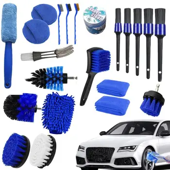 Набор щеток для чистки автомобилей, 30 шт., влажные и сухие щетки для салона автомобиля, сверлильная щетка с высокой плотностью щетины  5