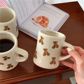 Новая керамическая кофейная кружка с мультяшным медведем, кружка с шоколадным медведем, кофейная чашка в стиле ретро для девочек, Послеобеденный чай, Милая керамическая кружка, милая кофейная кружка  0