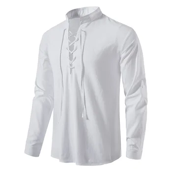 Новая мужская повседневная блузка, хлопковая льняная рубашка, топы, футболка с длинным рукавом, весенне-осенняя рубашка с косой планкой, винтажные рубашки для йоги  5