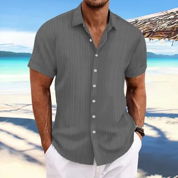 Новая мужская рубашка, модные футболки в полоску с коротким рукавом, Летняя льняная рубашка, мужская повседневная блузка с отложным воротником и пуговицами, мужская одежда  0