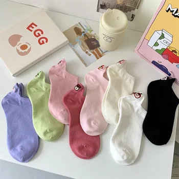 Новинка Harajuku, милые хлопковые носки с мультяшной вышивкой, хлопковые однотонные носки с сердечками, дышащие Невидимые носки  5