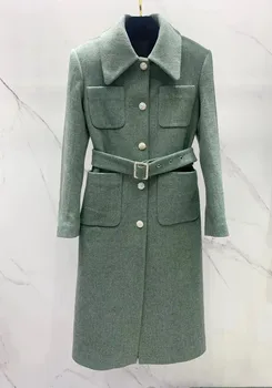 Новое женское элегантное шерстяное пальто зеленого цвета в елочку 2023 года выпуска  5