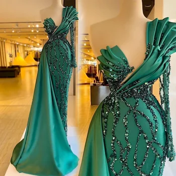 Новое зеленое прямое платье для выпускного вечера с одним плечом, длинный рукав до пола, шлейф, расшитый блестками, атласная иллюзия длинной молнии  5