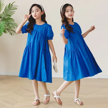 Новое синее платье с бантом, детская хлопчатобумажная одежда для девочек с коротким рукавом 2023, летнее повседневное платье, #7293  5