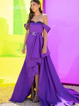 Новое фиолетовое вечернее платье трапециевидной формы Sunflower с открытыми плечами, Атласное вечернее платье трапециевидной формы 2023, юбка без спинки, Нерегулярный пояс, Тонкое платье на заказ высокого класса  5