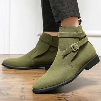 Новые зеленые мужские ботинки в стиле ретро, замшевые ботинки с пряжкой, вечерние ботинки, повседневная зимняя мужская обувь 