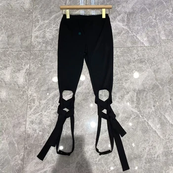 Новые летние брюки с дырками для женщин, Леггинсы, бандаж, облегающие Черные брюки, Сексуальные Тонкие Длинные брюки  5