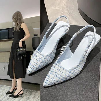 Новые однолинейные босоножки на высоком каблуке с ремешком-пряжкой сзади, Корейская версия, женские туфли на шпильке с острым носком, темпераментные Женские туфли  5