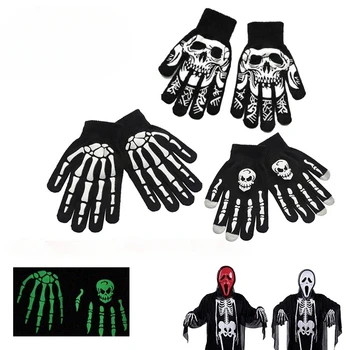 Новые панк-перчатки Унисекс на Хэллоуин, перчатки со скелетом и черепом, Полупальцевые, светящиеся в темноте, Эластичные зимние варежки без пальцев  5