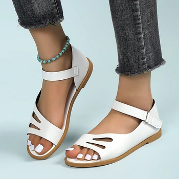 Новые римские женские сандалии 2023 г. Летняя обувь, однотонные повседневные женские босоножки на низком каблуке, модные Удобные женские сандалии  5