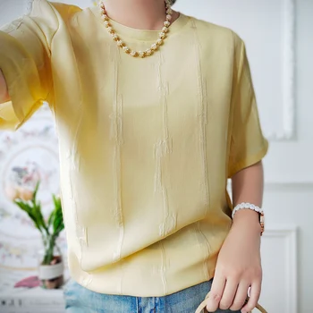 Новый высококачественный жаккардовый шелковый топ розово-желтого цвета, свободная рубашка с круглым вырезом и короткими рукавами, женская летняя рубашка  5