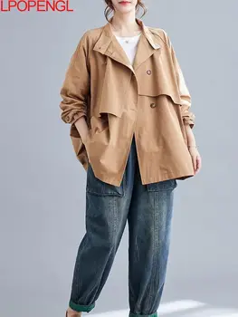 Новый осенний винтажный однотонный тренч с длинным рукавом, Темпераментный женский воротник-стойка, повседневное свободное однобортное пальто средней длины  5